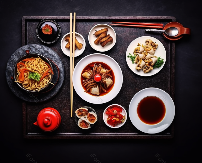 暗色俯视视角筷子碗碟木质托盘美食摄影拍摄背景,高清,摄影图,摄影图片,图片大全,摄影图免费下载